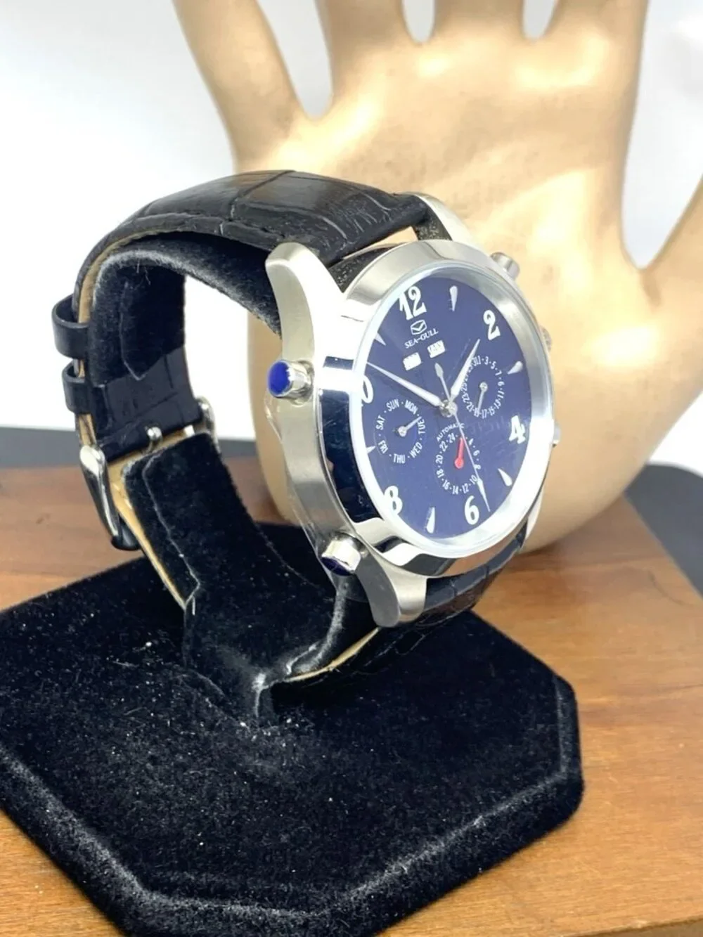 Seagull Men's Watch Automatic Blue Dial Triple Calendar Black Leather Strap 41mm